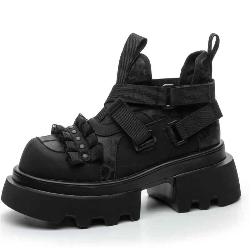 

2025 Women's Platform High Top Height Increase Coarse Heel Leather Rock Punk Style Dark Mary Jane Sneakers Shoes