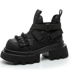 2025 Women's Platform High Top Height Increase Coarse Heel Leather Rock Punk Style Dark Mary Jane Sneakers Shoes
