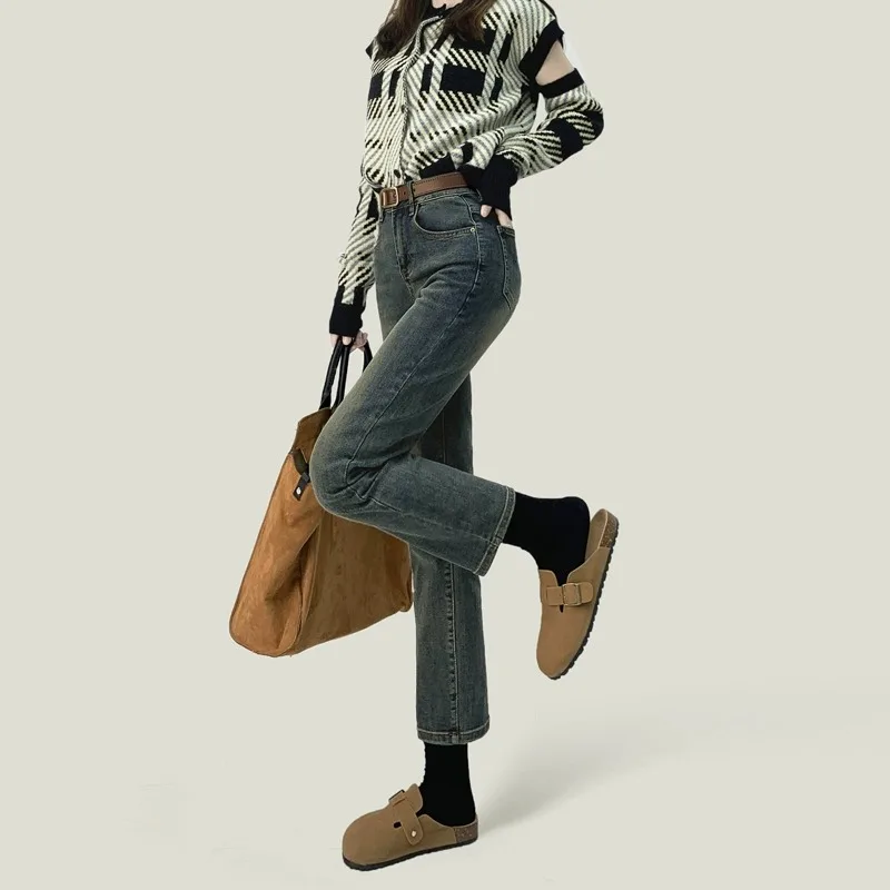 High Waist Straight Leg Jeans Women's Short plus Size Eight Nine Points Match All Cement Grey Autumn New Style Cotton Stretch...
