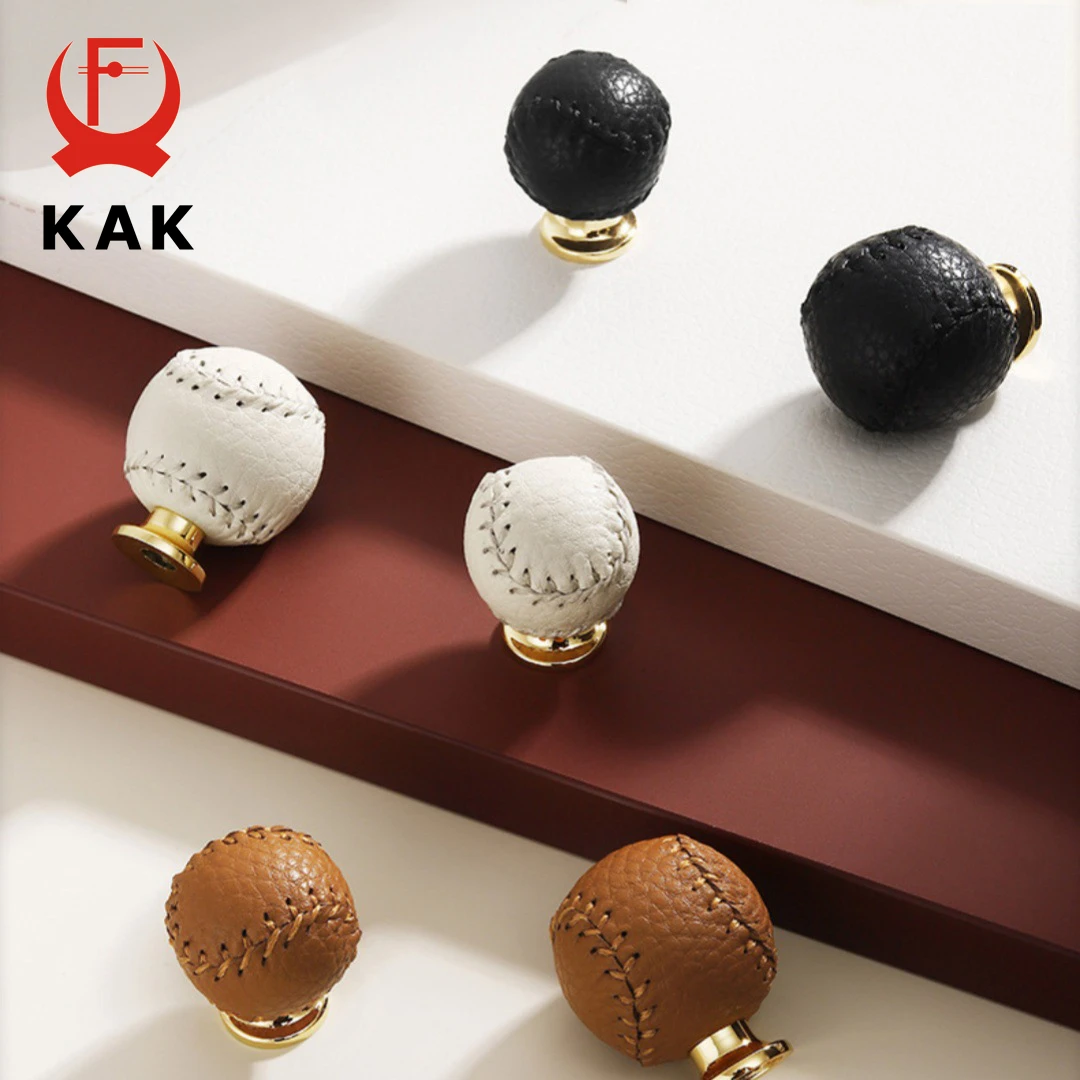 KAK Leather Cabinet Knobs Baseball Kitchen Handle Shoecabinet Drawer Knobs Decorative Furniture Handles Zinc Alloy Door Hardware