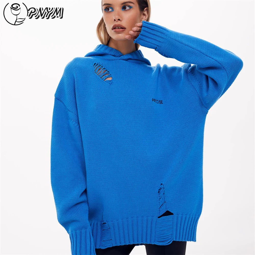 

PNYM Ripped Hooded Sweaters for Women Casual Loose Knitted Pullovers Autumn Winter Fashion Long Sleeve Jumpers Knitwear Tops