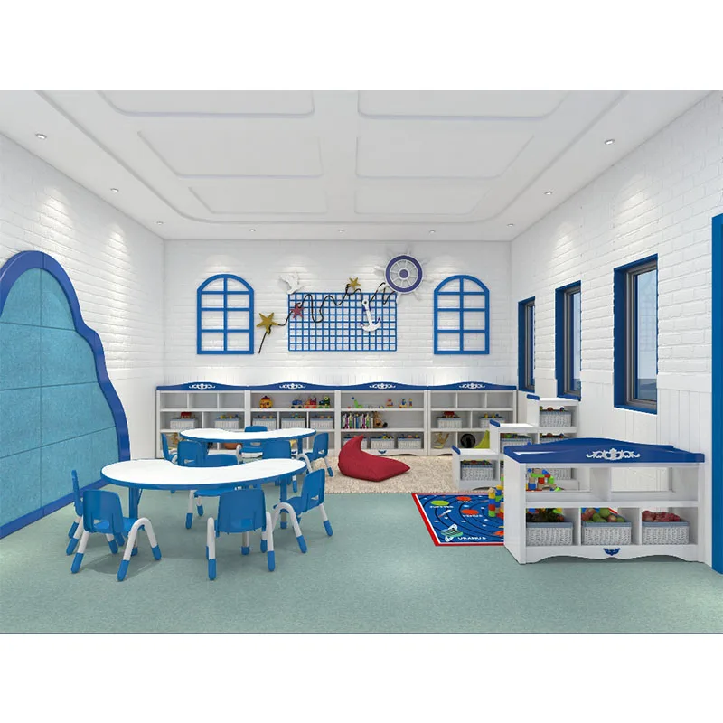 Juego de muebles de guardería para niños, mesa y silla azul, silla de aula, gabinete de madera, venta al por mayor