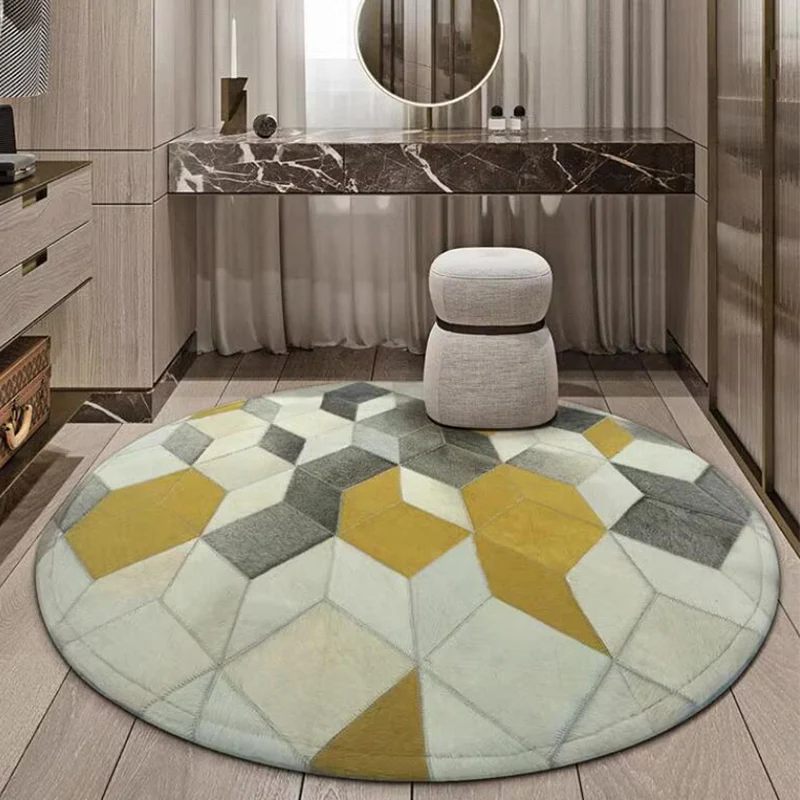 

Круглый ковер из натуральной воловьей кожи, натуральный ковер для гостиной, желтый клетчатый лоскутный коврик для спальни, прикроватный диван, настольный коврик