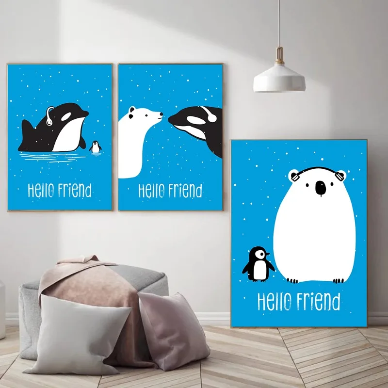 Arctic Friends Canvas Wall Art Kawaii Polar Bear Orca Penguin Print Nordic Blue Series Nursery Decor For Kids Bedroom Poster