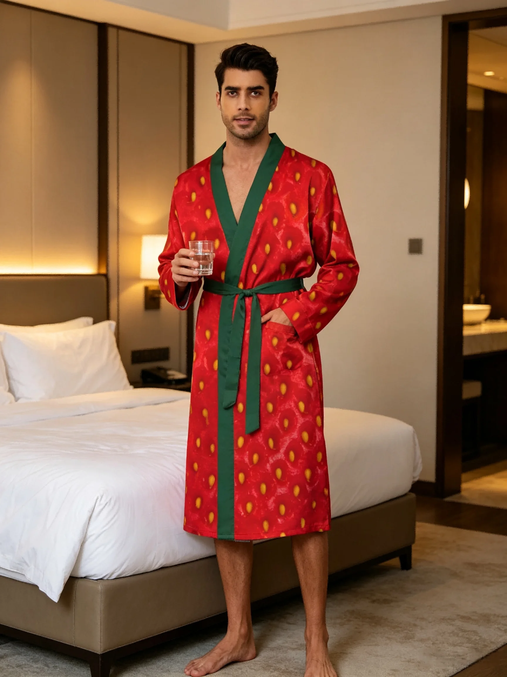 Men's lightweight quick-drying pajama bathrobe - 3D digital printing, non-fading design, stand-up collar and adjustable waistban