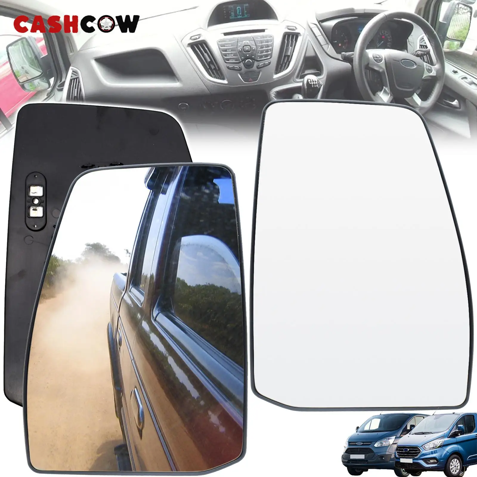 CASHCOW For Ford Transit Custom 2012 - 2021 Left Right Side Door Wing Mirror Glass Heated Convex Rear View Back Plate Clip On