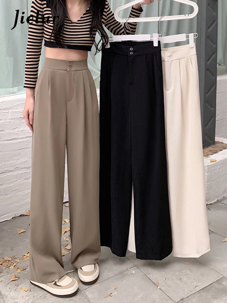 Jielur Korean Autumn Elastic Waist Suit Wide Leg Trousers Women's High Waist Pants Black Khaki Apricot Loose Female Pants S-XXL