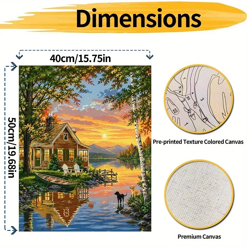 Professional Art Use, 1 Set Professional Art-Grade Adult Paint by Numbers DIY Kit, Lakeside Autumn Sunset Cabin Scenery, 40x50cm