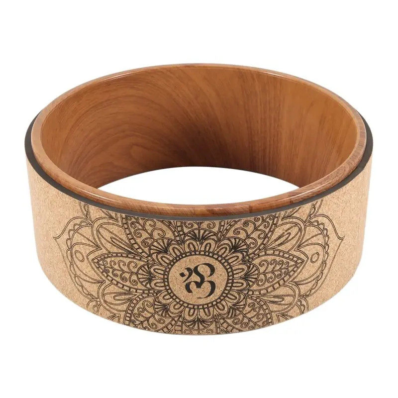 Cork Yoga Wheel For Yoga Poses And Backbends Inversions Wood-Effect And Mandala Print, Dharma Yoga Prop Wheel Multi-Purpose