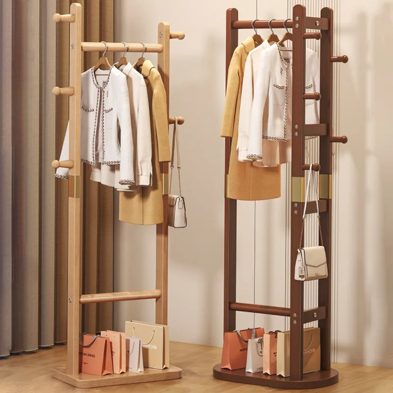 Leichter, luxuriöser, einfacher Garderobenständer aus massivem Holz, Retro-Bodentrockenständer, hängender Kleiderbügel, Schuhregal, integriertes Haushaltsregal