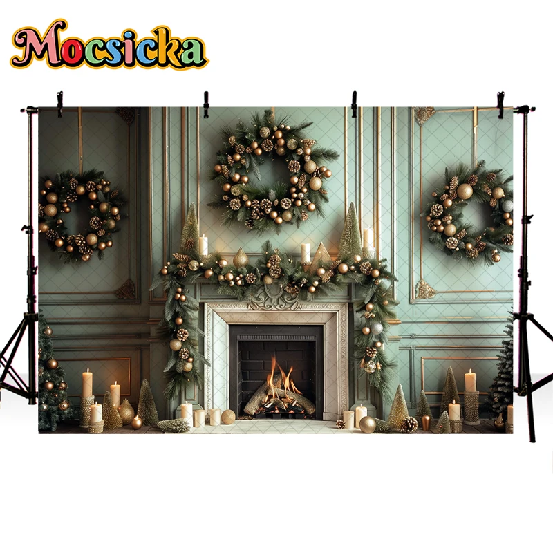 Mocsicka Retro Indoor Christmas Fireplace Photography Background Xmas Tree Party Kid Family Portrait Decor Photo Backdrop Studio