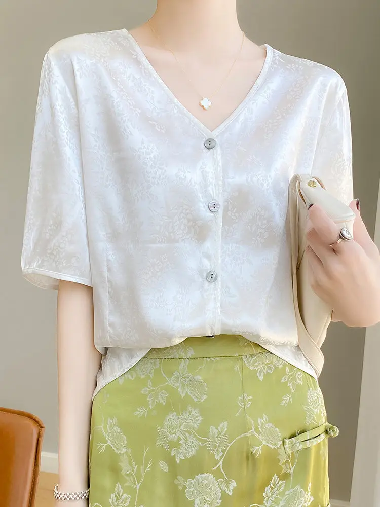 자카드 새틴 실크 블라우스 여성 반팔 루즈 셔츠 여성 레트로 중국 빈티지 에티닉 스타일 탑 오버 사이즈