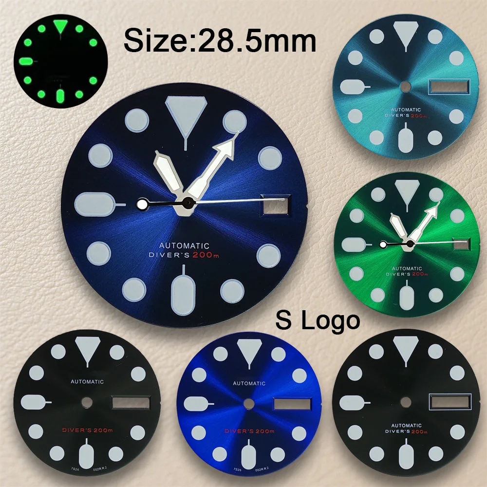 28.5mm S Logo SKX007 Dial Fit NH35/NH36/4R36 Movement Strong Green Luminous Sunray/Matte High-Quality Watch Modified Accessories