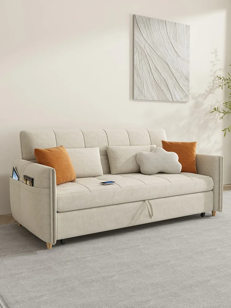 Sofa bed folding dual-purpose multi-functional all-solid wood storage princess cream wind
