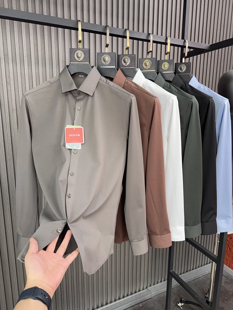 Svip Elegant Fleece Lined Thickened Long Sleeve Men's Casual Shirt Comfortable Warm Autumn Winter Pure Color Stand Collar
