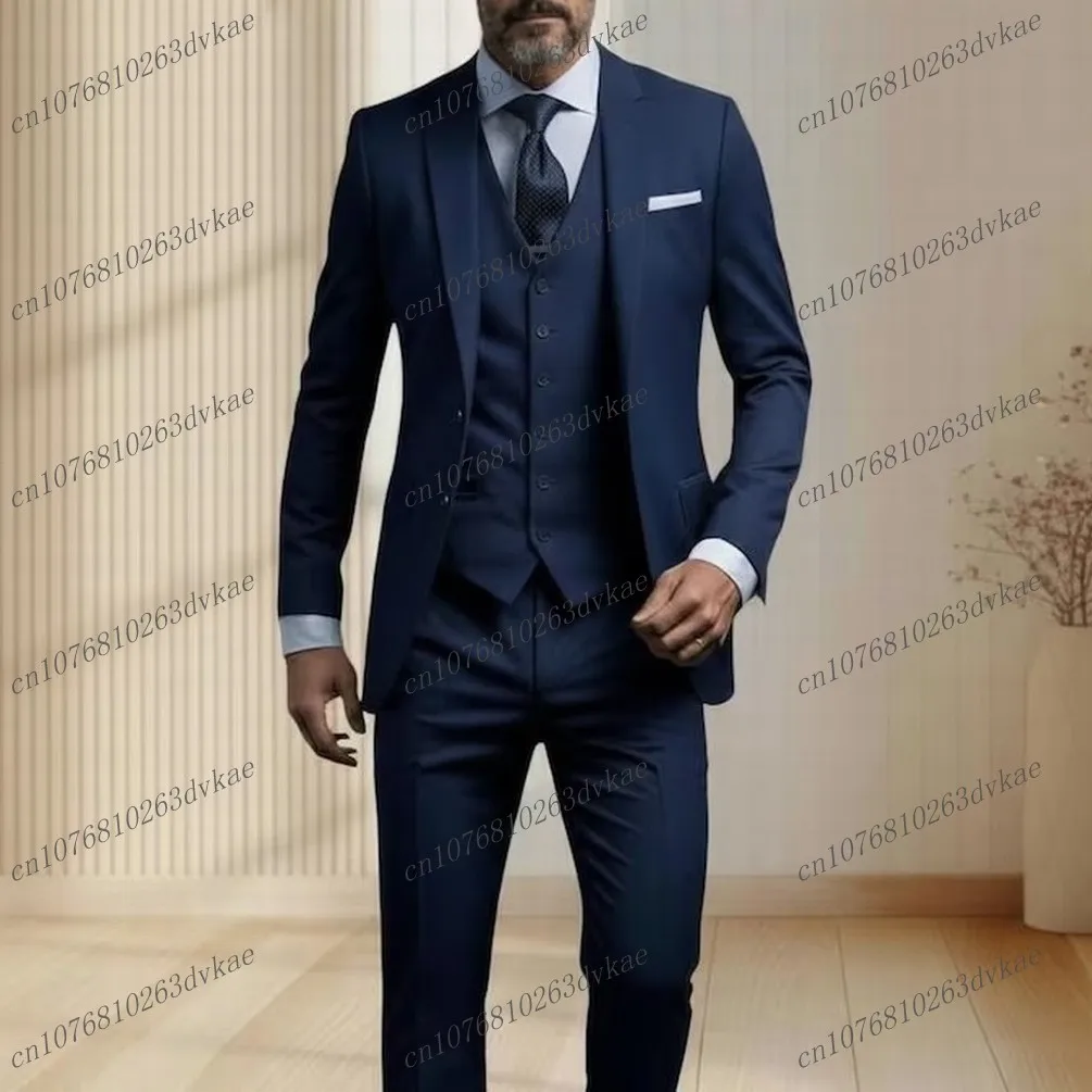 

Navy Blue Men Suit Wedding Party Formal Groom Groomsman Prom Business Male Tuxedos Customized 3 Piece Set Jacket Vest Pants