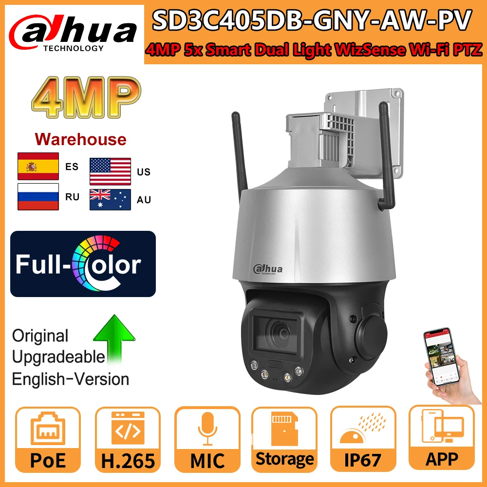 Dahua IP Camera 4MP 5X Zoom Smart Dual Light WizSense Wi-Fi IR PTZ Camera SD3C405DB-GNY-AW-PV Built-in Mic Speaker SD Card Slot