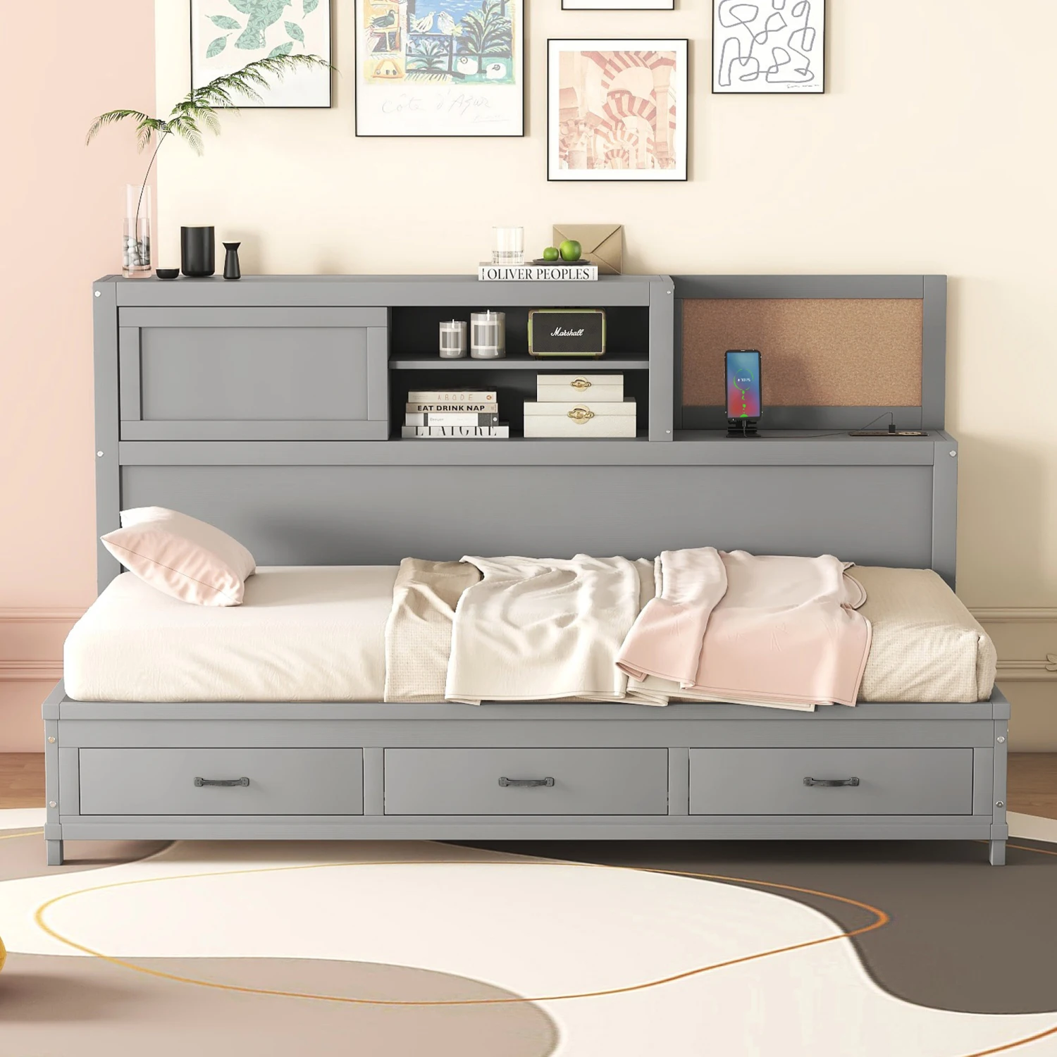 

Twin Size Wooden Daybed with Storage Drawers, Soft Board, Shelf, USB Ports - Gray