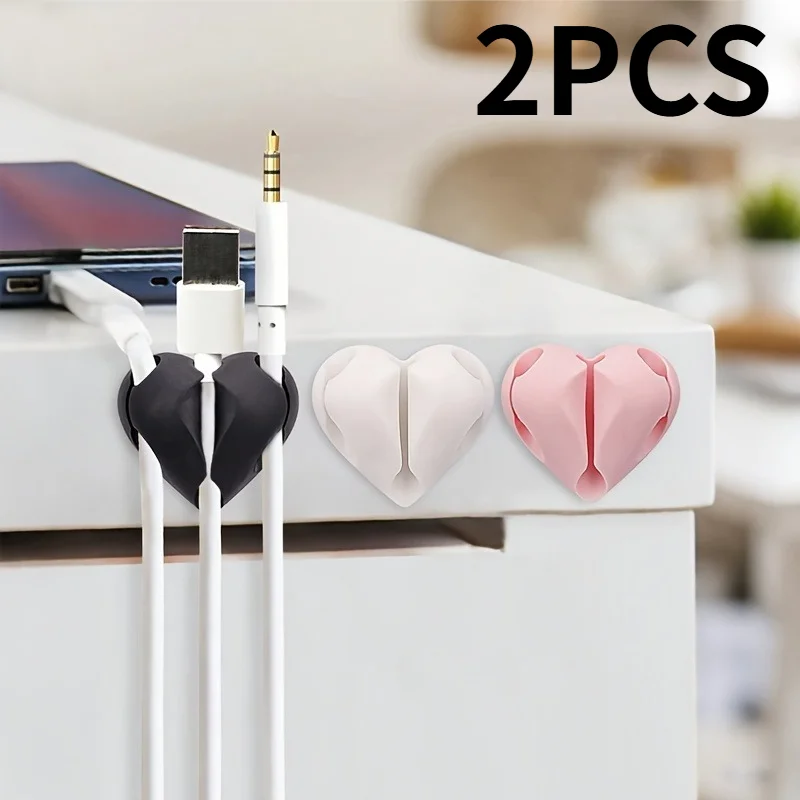 2PCS Self-Adhesive Heart-Shaped Cable Organizer, Phone Charging Line Holder, for Desks, Nightstands, Offices. 3-Hole Design