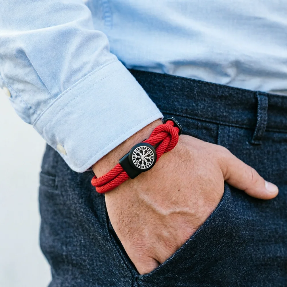 Viking Compass Weaven Luck Red Rope Bracelet Men Handmade Bilayer Grade A String Easy Hook Braslet Husband Perfect Gift Jewelry