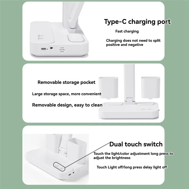 T21C LED Desk Lamp Light With 2 Pen Holders Dimmable 3 Color Modes Eye-Caring Table Lamp For Office Home Reading Study