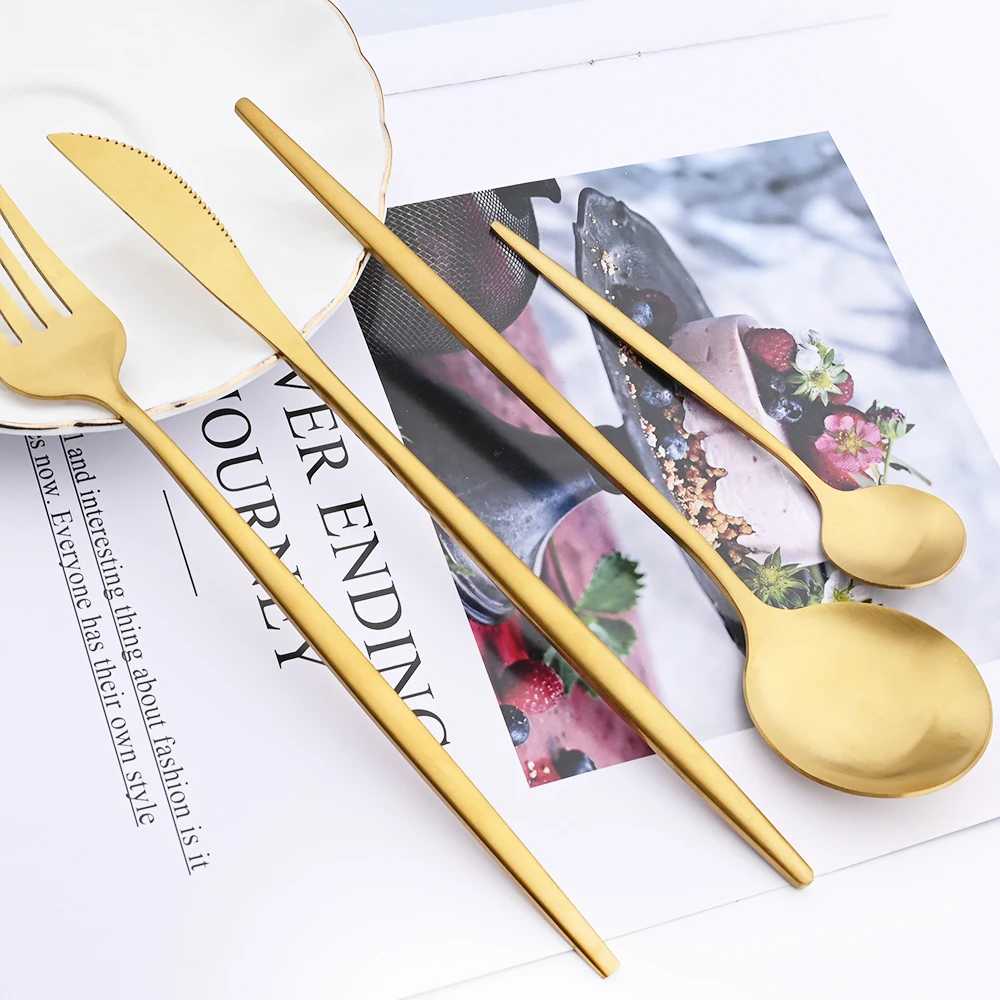 Drmfiy Matte Cutlery Set Knife Fork Spoons Dinnerware Gold Tableware Set Stainless Steel Silverware Kitchen Home Flatware Set