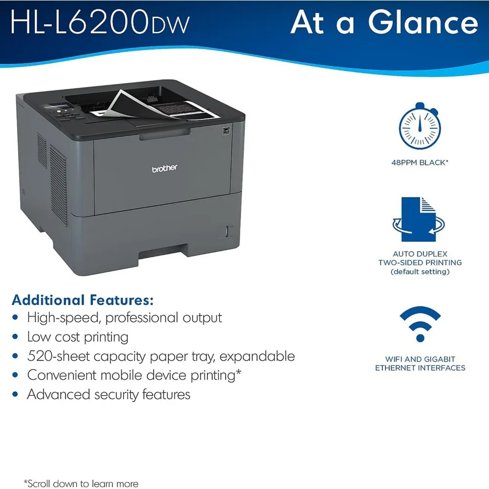 HL-L6200DW Impressora a laser monocromática de função única sem fio, somente impressão, 48 ppm, 1200x1200 dpi, impressão duplex automática