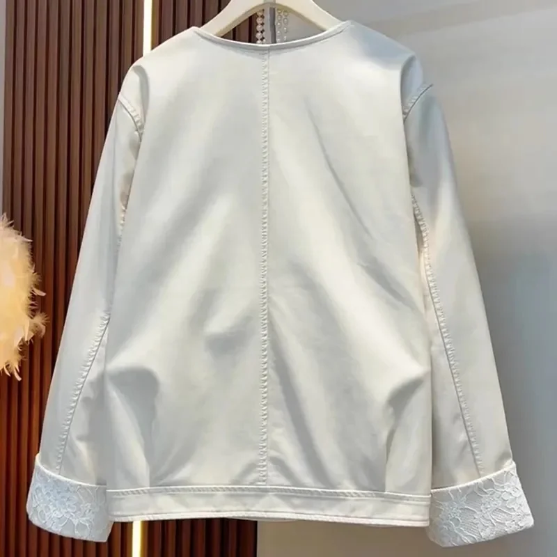 2025년 봄 가을 여성 레이스 커프스 루즈핏 인조 가죽 코트 여성용 큰 사이즈 4XL 가죽 탑 레이디 라운드넥 PU 가죽 재킷