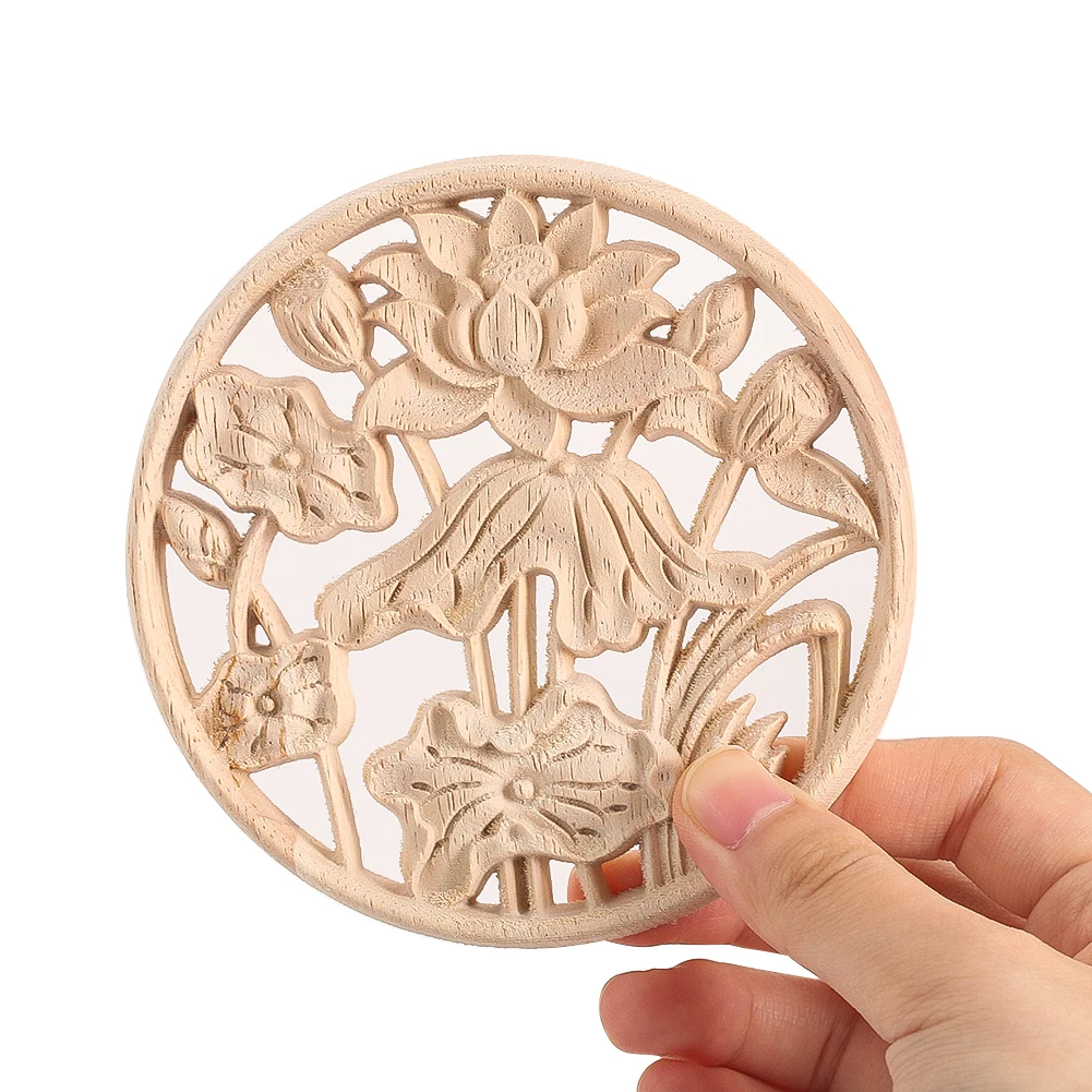 10cm Wooden Fine Retro Lotus Flower Wooden Board Laser Hollow Engraving Round Art Coasters for Wall Staircase Cabinet Decoration