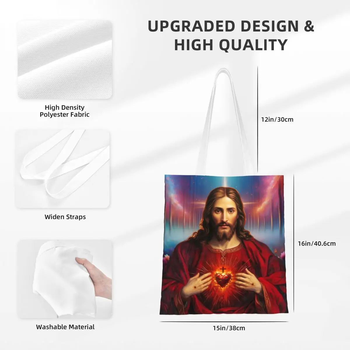 Holy Jesus Christ Sacred Heart Canvas Tote Handbag Religious Catholic Saint Grocery Bags Shopper Bags for Women