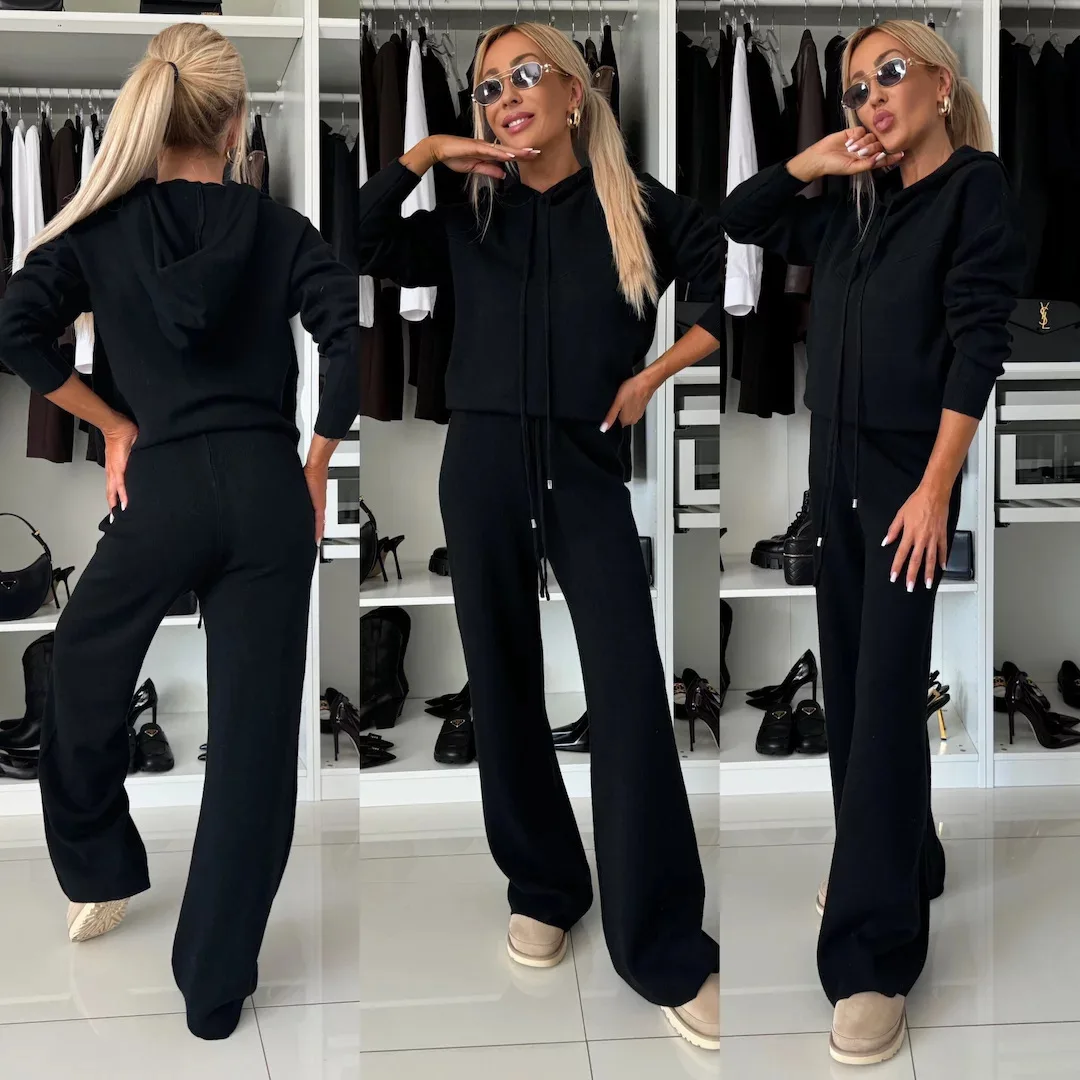 Autumn and winter new casual suit women's solid color hooded long sleeved wide leg pants two-piece set