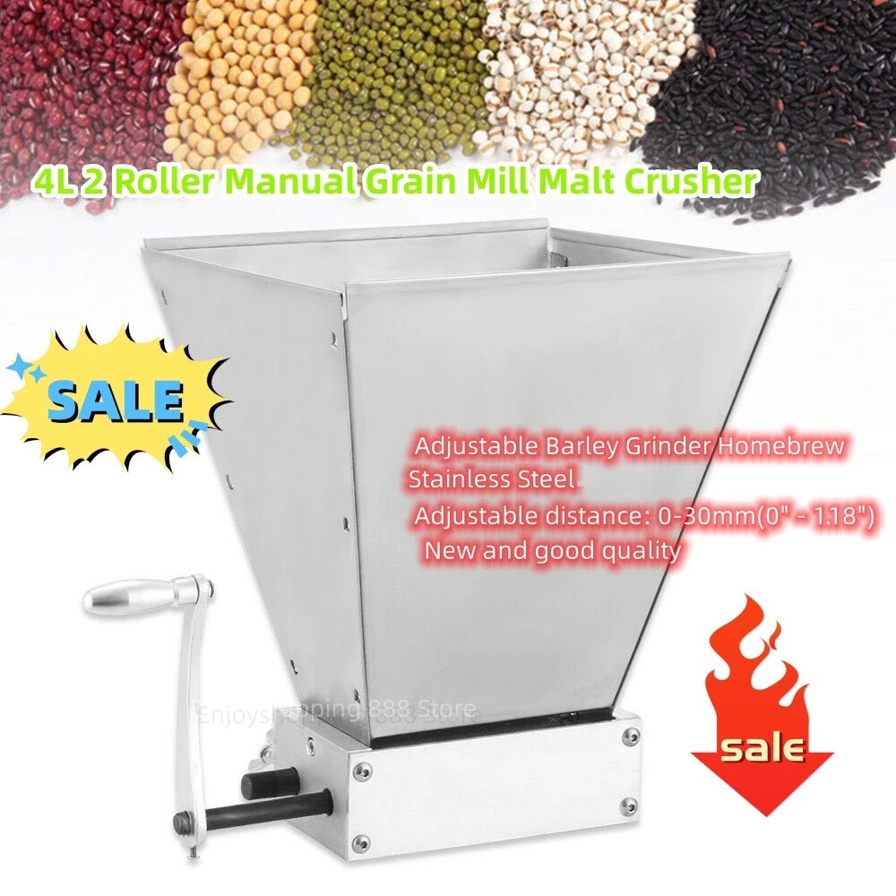 

4L 2 Roller Manual Grain Mill Malt Crusher Adjustable Barley Grinder Homebrew Stainless Steel