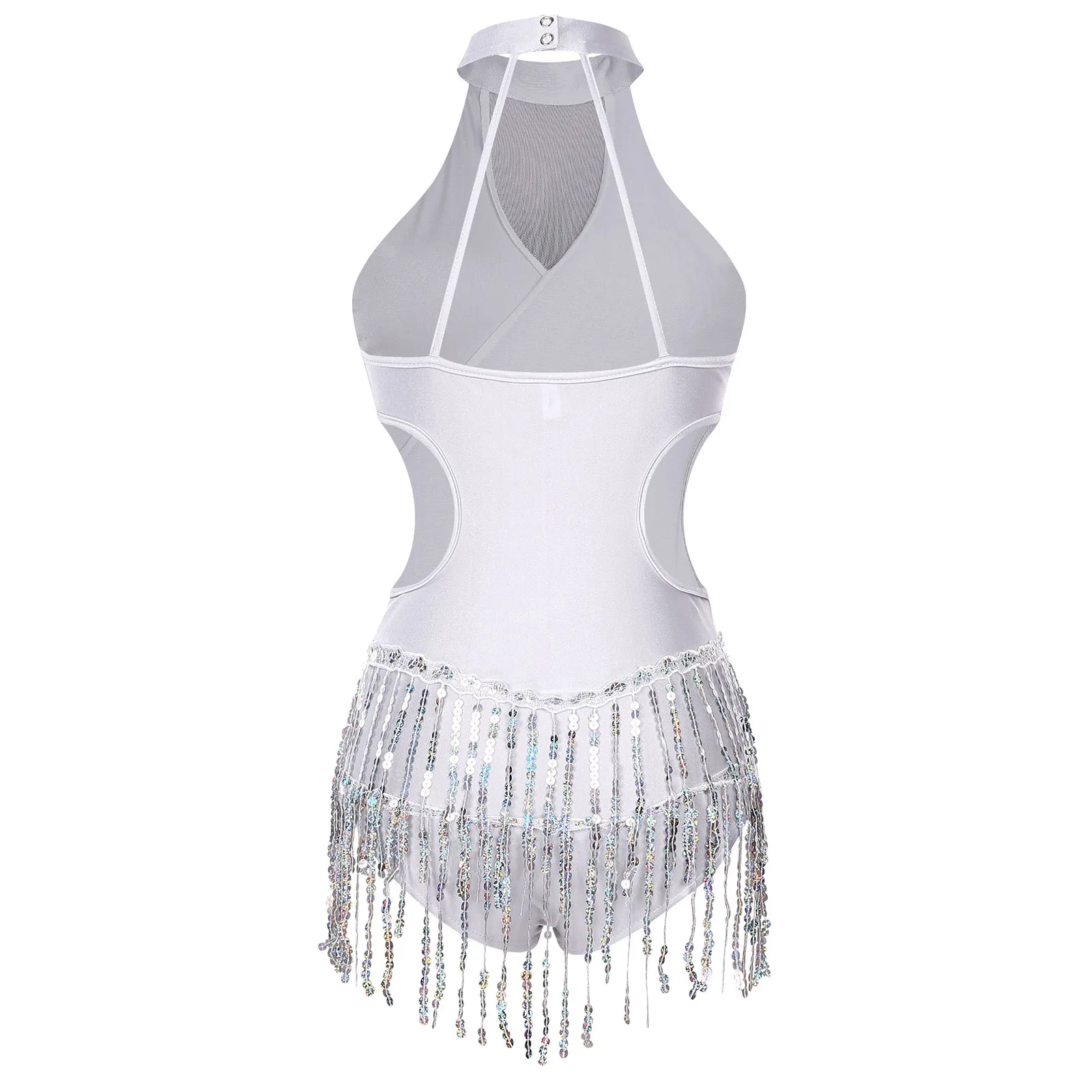 Womens Latin Cha-Cha Ballet Dance Performance Costume Sparkling Sequin Bodysuit Sleeveless Fringed Gymnastics Leotard Dancewear