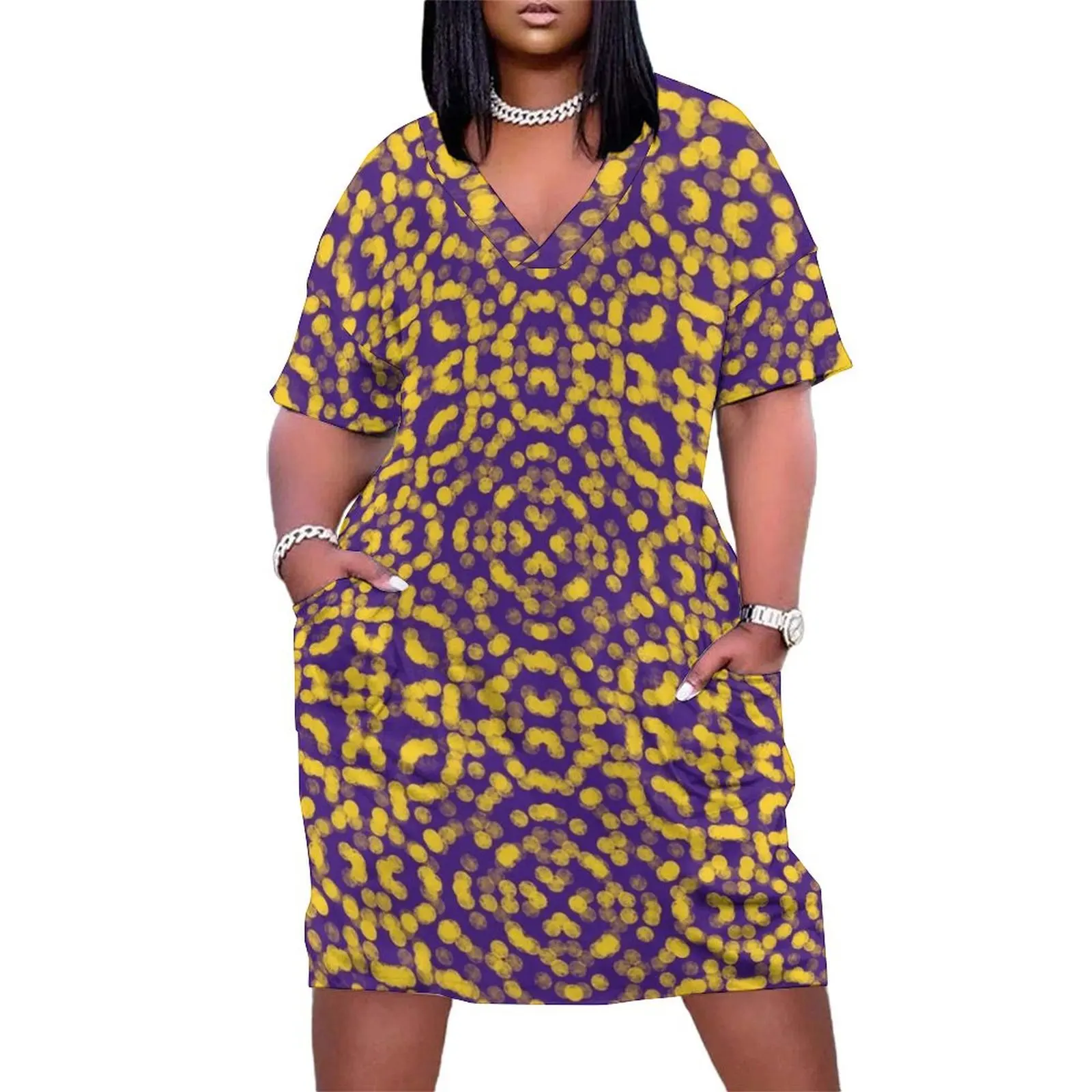 

Artsy Purple and Gold Yellow Game day Pattern Loose Pocket Dress beach outfits for women women"s evening dress 2024