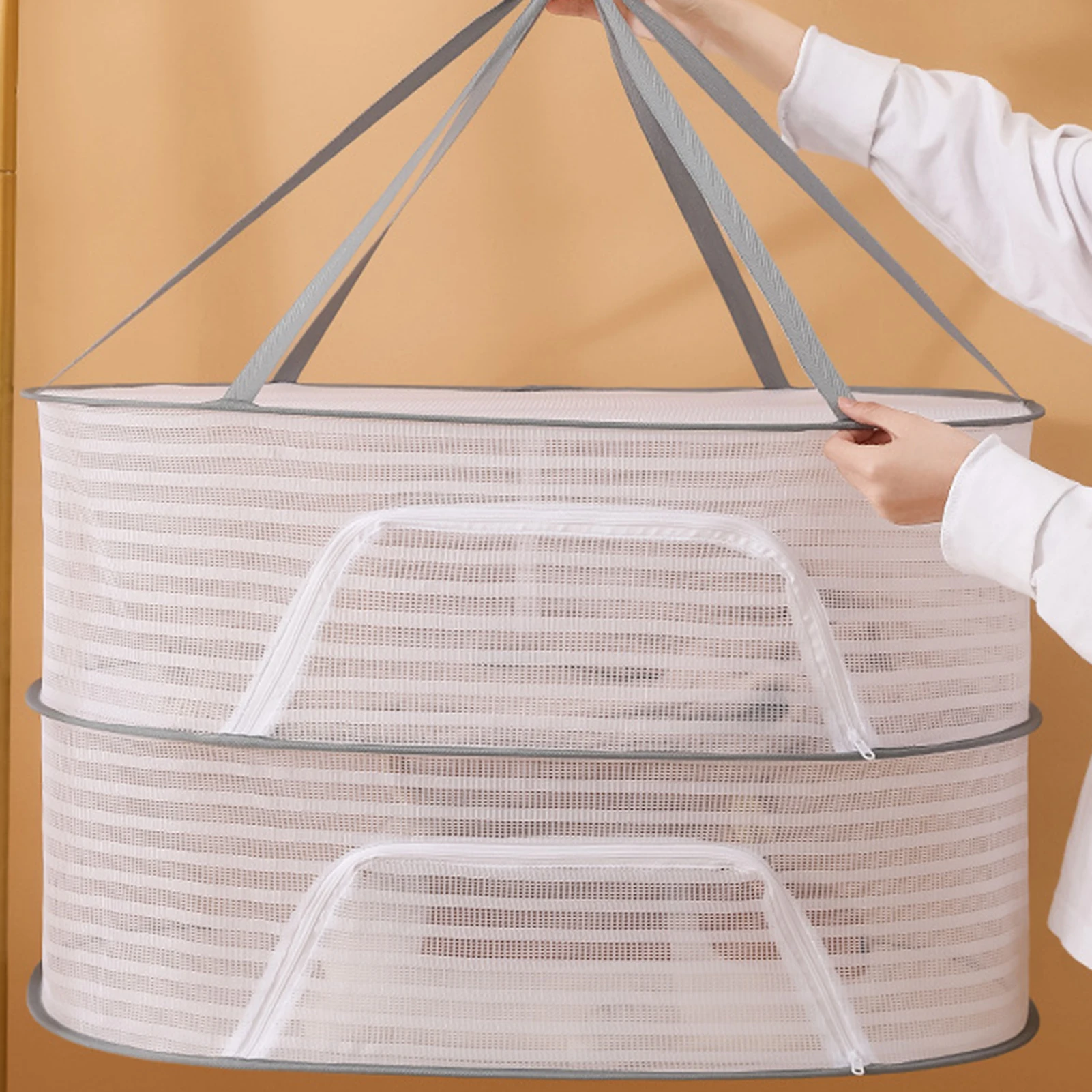 Foldable Drying Net Basket 1-3 Layer Windproof Zipper Fish Fruits Drying Rack Large Capacity Drying Holder For Indoor Outdoor