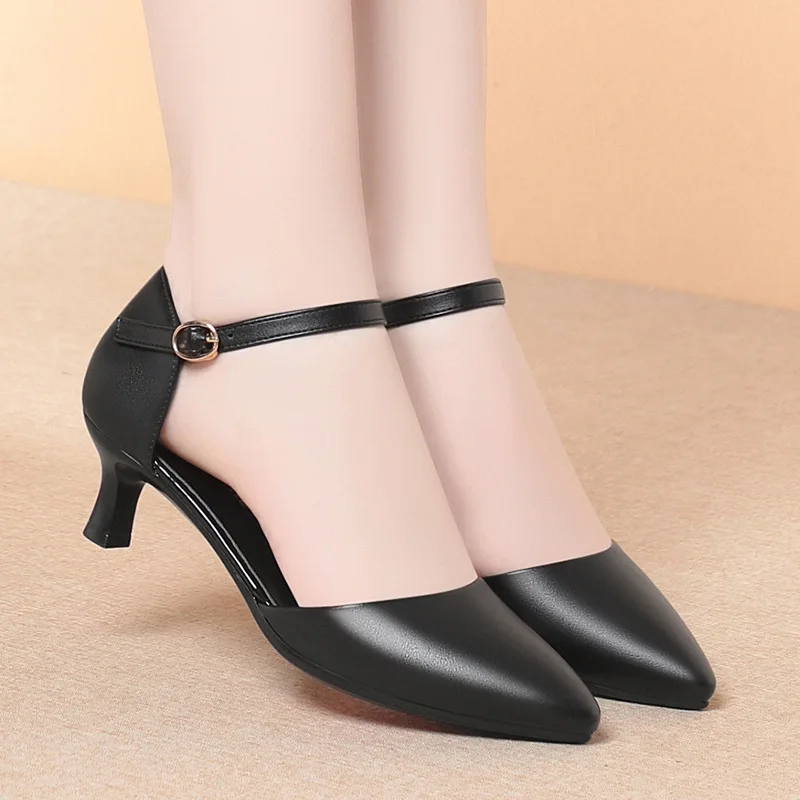 

4cm 5cm Fashion Comfortable Pointed Toe Soft Leather Shoes Spring 2026 Women's Med Kitten Heels Shoes Black for Office Dress Mom