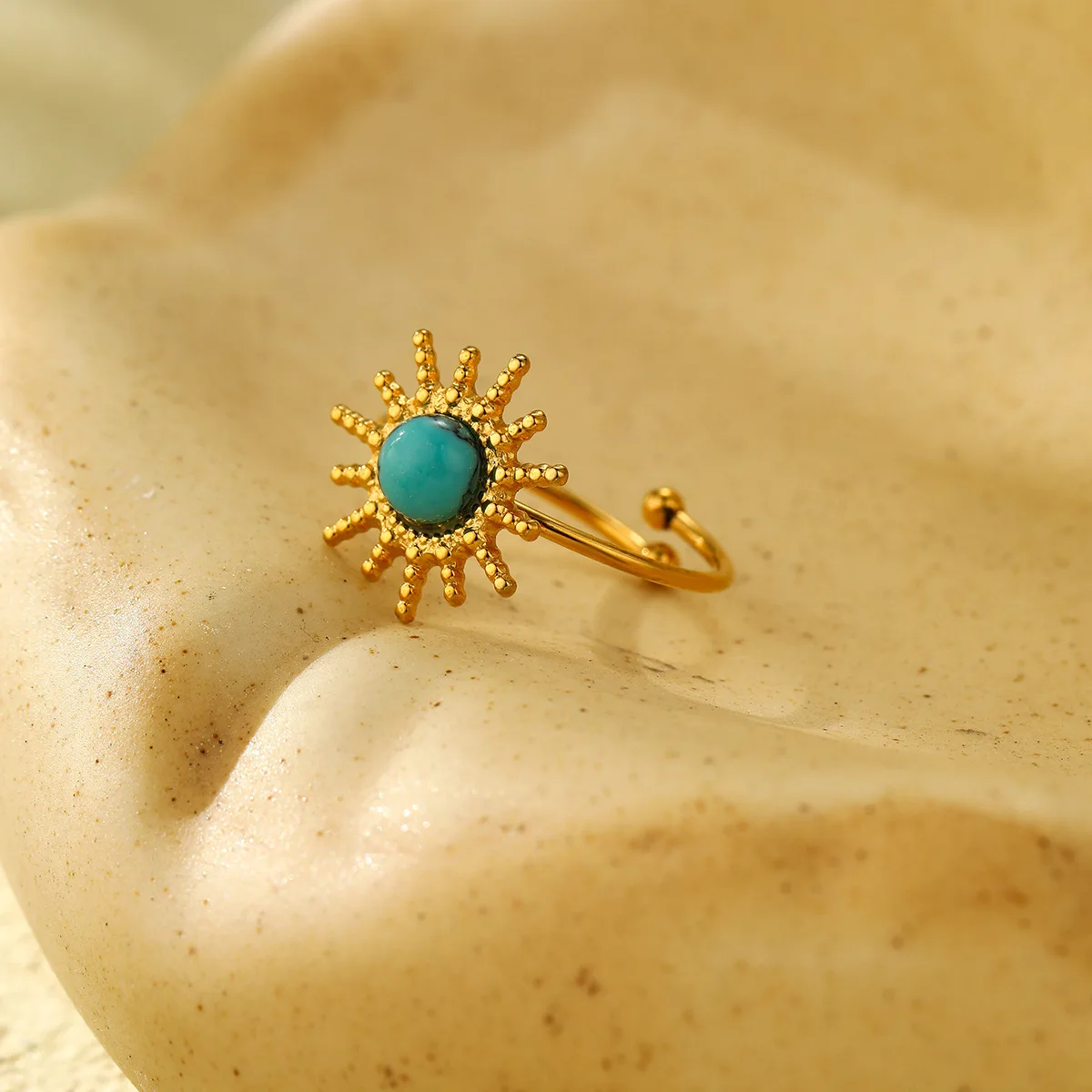 NIMAI Official-website Stainless Steel Sun Burst Adjustable Ring Vintage Turquoise Ring Summer Beach Jewelry