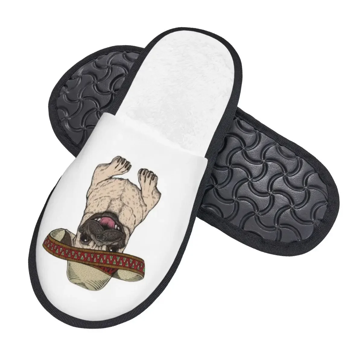 Chinelos macios quentes de inverno para homens e mulheres, Pug com chapéu mexicano sombrero, chinelos de interior