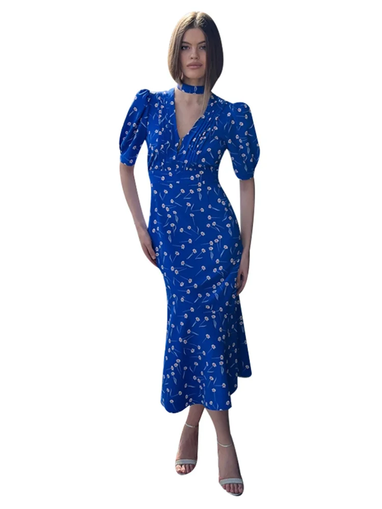 

Summer Slim Print Women's Dress Fashion V-neck Short Sleeve Ankle Length Dresses Elegant Classic High Waist Female Dress