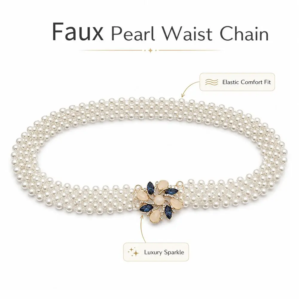 New White Imitation Pearl Faux Pearl Belt Metal Polyester Elastic Belt All-match Elastic Waist Chain For Women
