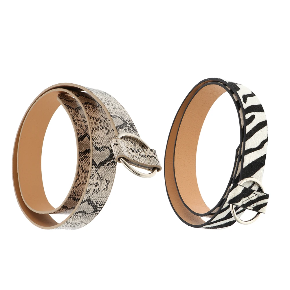 

2pcs Ladies Patterned Belts Casual Imitation Leopard Print Wide Snake Zebra Cow Belt Adjustable Fashionable Thin Waist