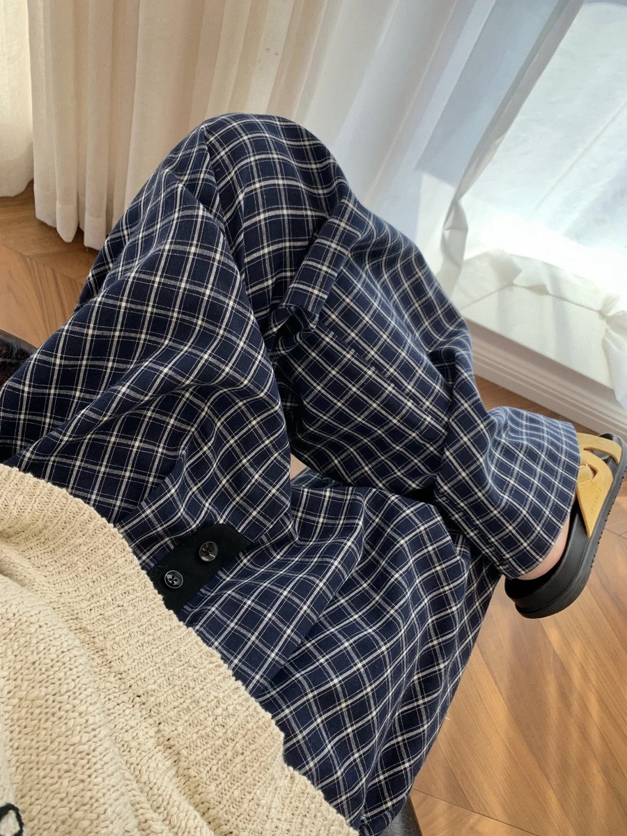 

Loose Plaid Wide Leg Pants Casual Straight Cut Spring Autumn American Trendy Brand Lazy Sle Men Women Couple Elastic Waist ...