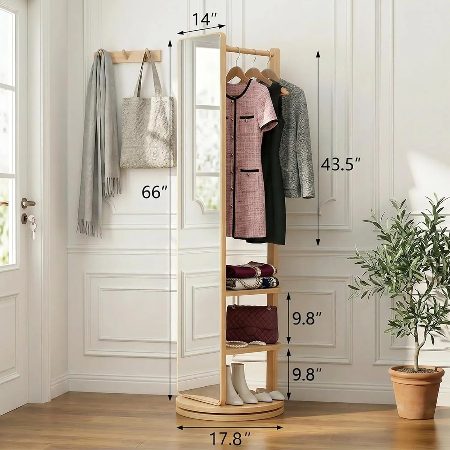 Solid Wood Full Length Mirror with Coat Rack & Shelves, 360° Rotating Floor Mirror, Freestanding Organizer Hall Tree ,Customized