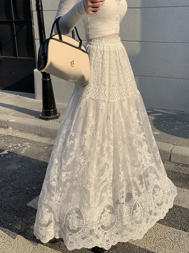 

Heavyweight Gentle Sweet Embroidered Lace Umbrella Skirt f-length Spring Summer Me Unique A-line Long Skirt Korean Sle