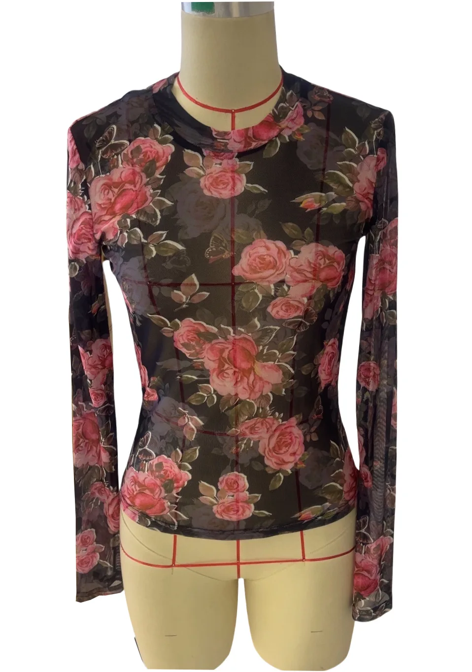 2025 جديد المرأة شبكة علوية رقيقة مثير روز سليم الساخن فتاة ملهى ليلي البلوز بأكمام طويلة تي شيرت للإناث #5