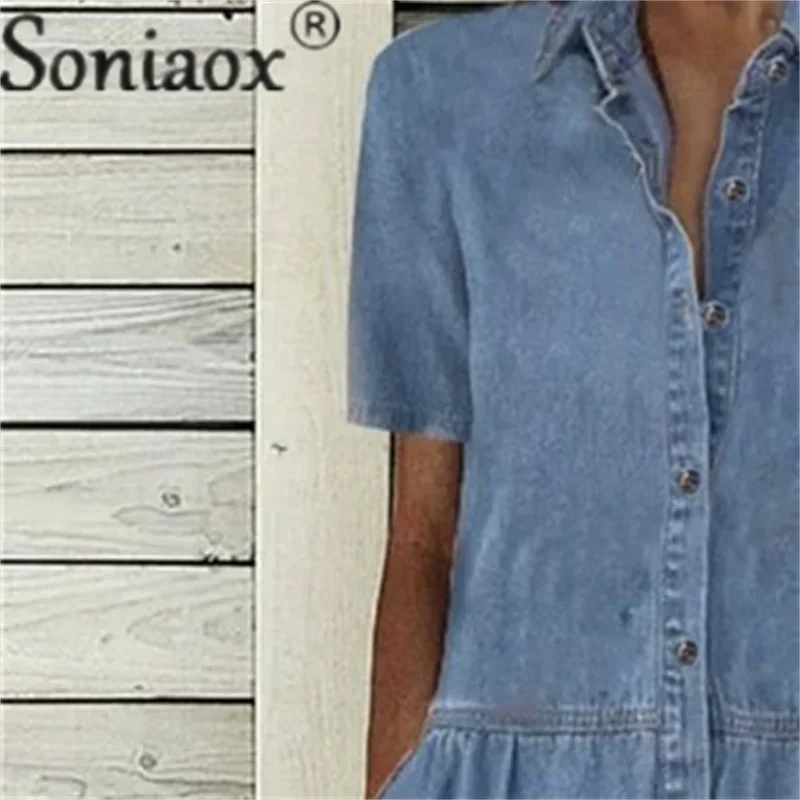 Elegante Effen Kleur Korte Mouw Denim Jurk Zomer Revers Single-Breasted Splice Chic Dames Comfortabele Commuter Casual Jurk