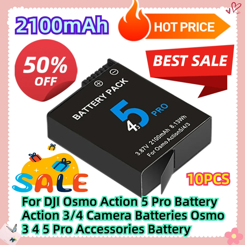 10PCS 2100mAh For DJI Osmo Action 5 Pro Battery Action 3/4 Camera Batteries Osmo 3 4 5 Pro Accessories Battery