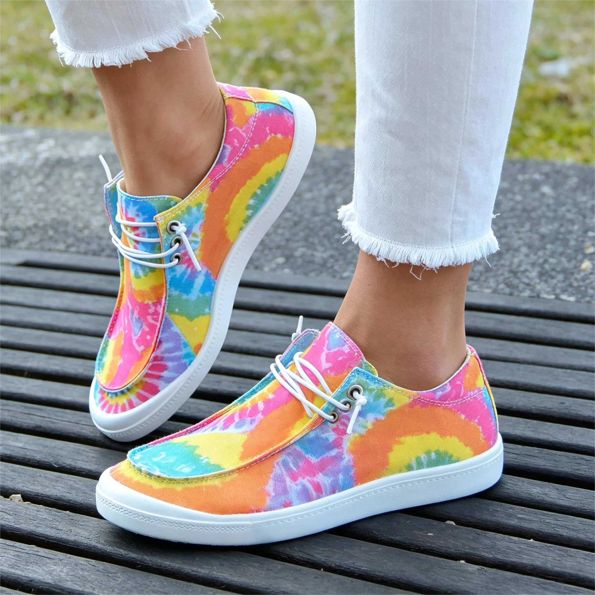 Women Colorful Tie‑Dye Swirl Print Canvas Sneakers Elastic No‑tie Lace‑up Flat Casual Shoes Ladies Lightweight Soft‑Sole Lazy Daily Walking Boho Female Footwear