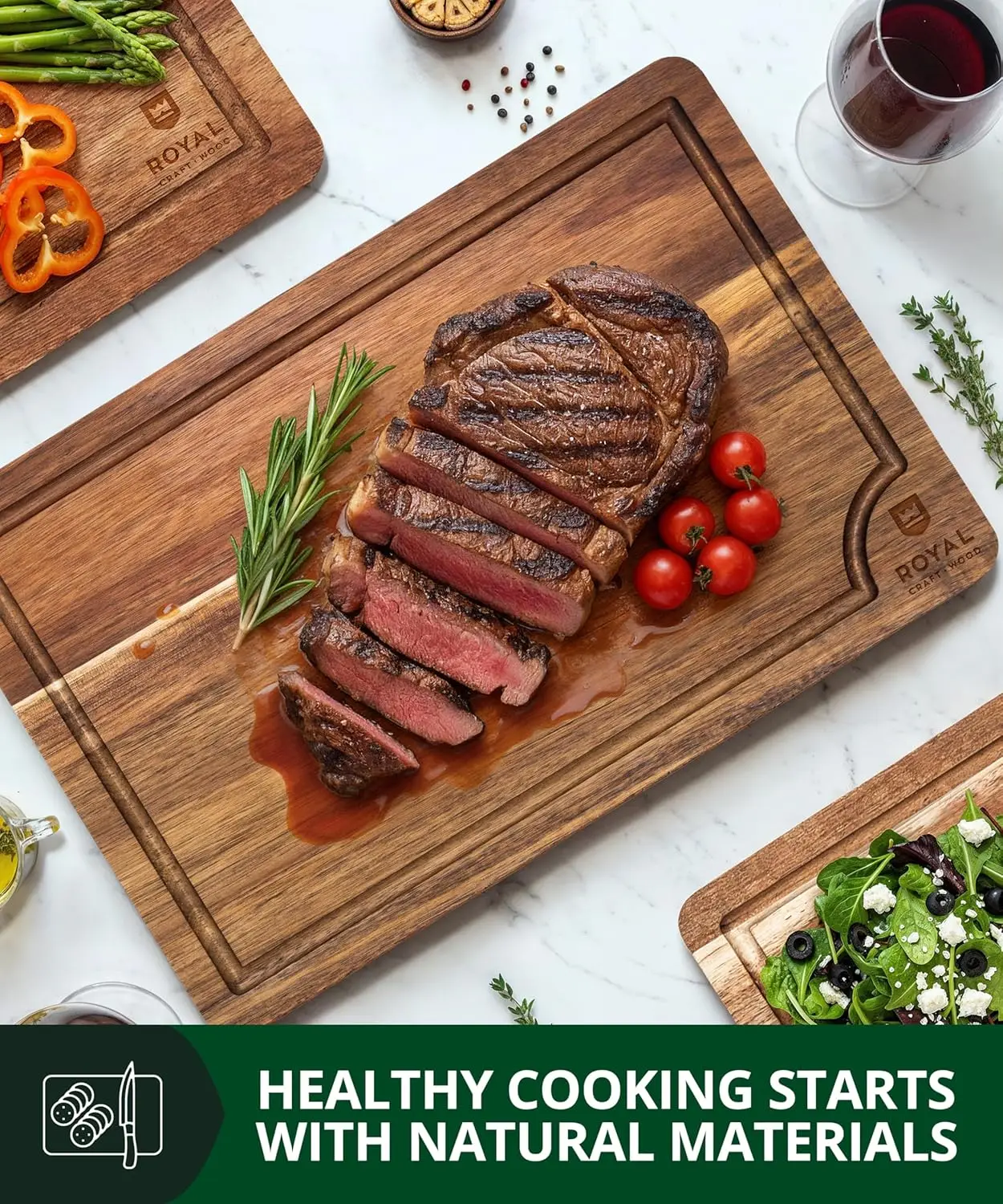 Conjunto de 3 tábuas de corte de madeira de acácia com ranhura profunda de suco e alças laterais para preparação, servir e charcutaria de cozinha