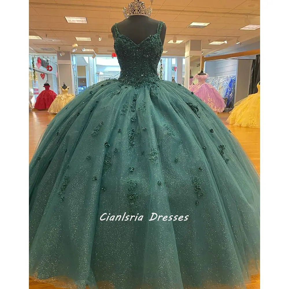 Vestidos de quinceañera sin mangas de tul de cristal verde esmeralda, vestido de baile con tirantes finos, apliques florales, ropa de fiesta dulce 15